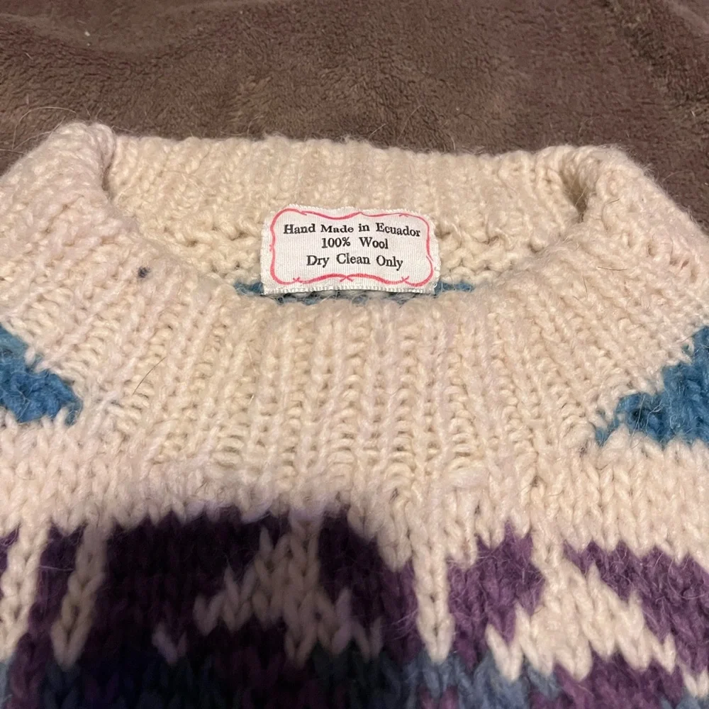 Handmade Wool Sweater with Purple and Blue Accents - Picture 2 of 4